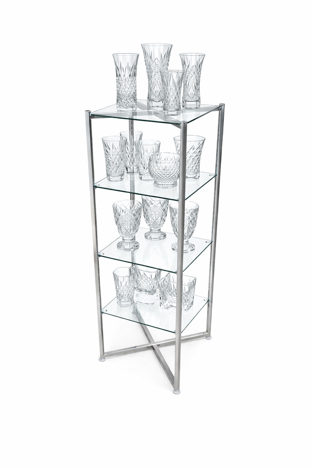 Metal shelving unit with glassware on a white background