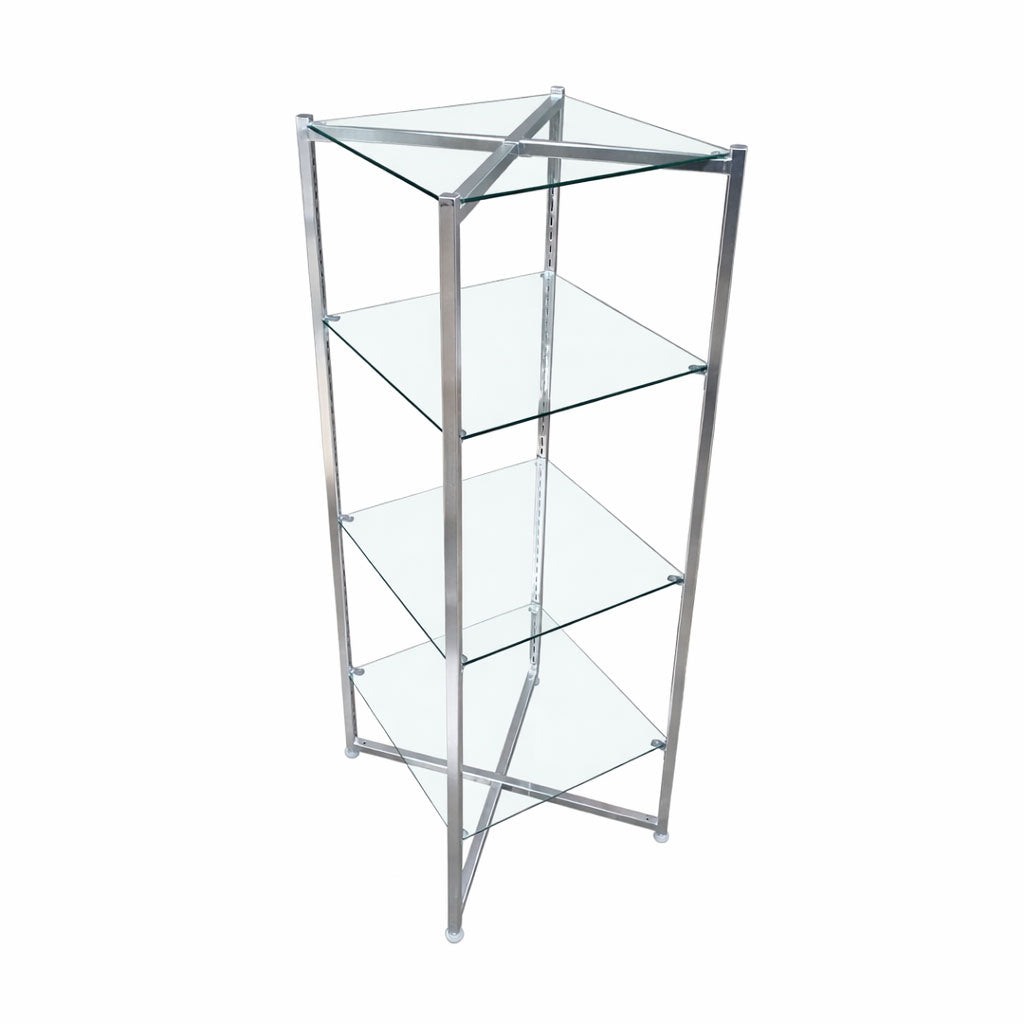 Clear glass shelf with metal frame on a white background