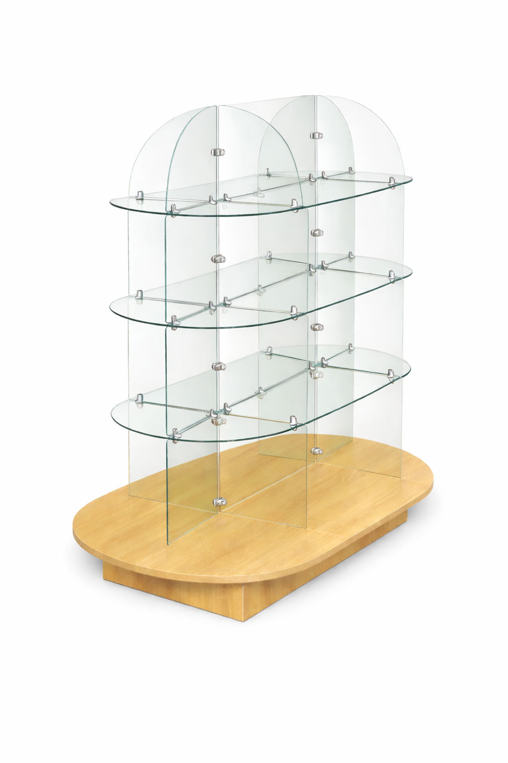 Three-tier glass display case with wooden base on a white background