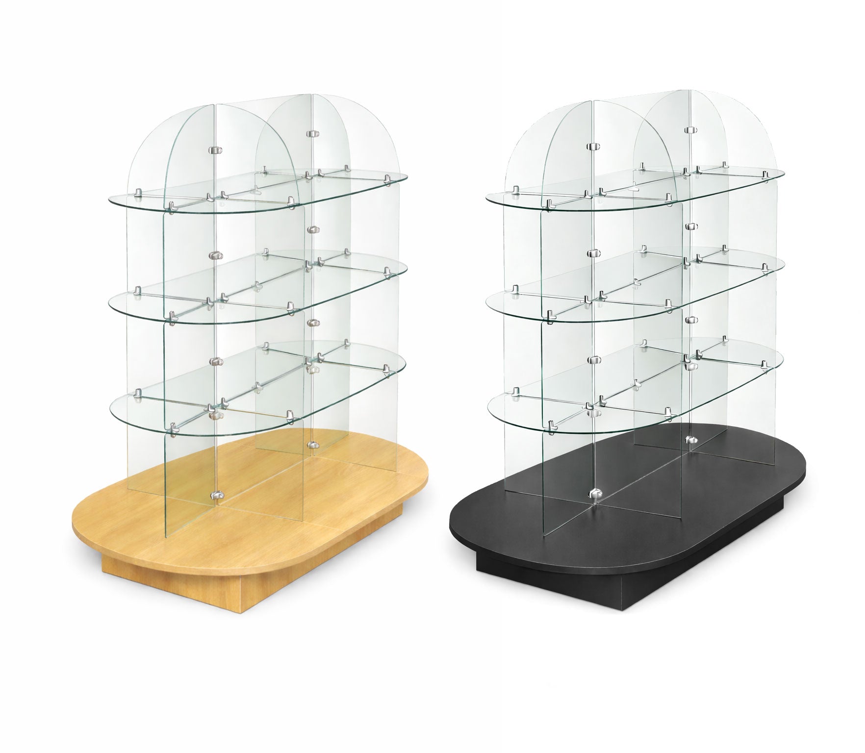 Two glass display stands, one wooden base and one black base, on a white background.