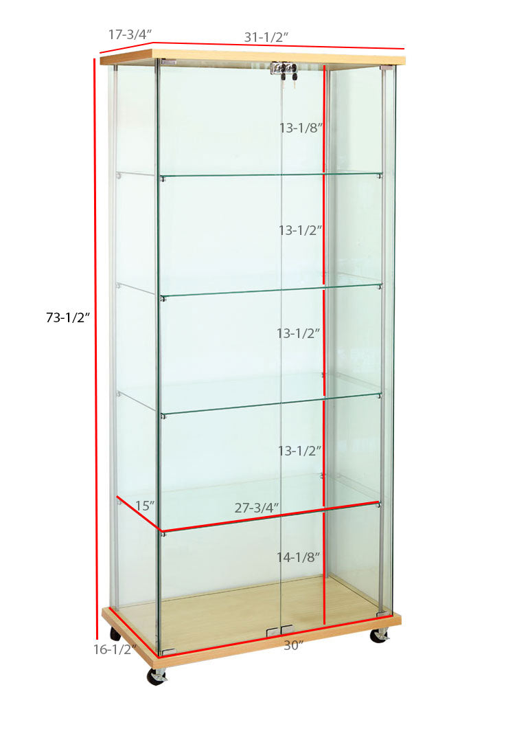 Vitrine en verre sans cadre | Tour à 4 étagères | Accents de stratifié