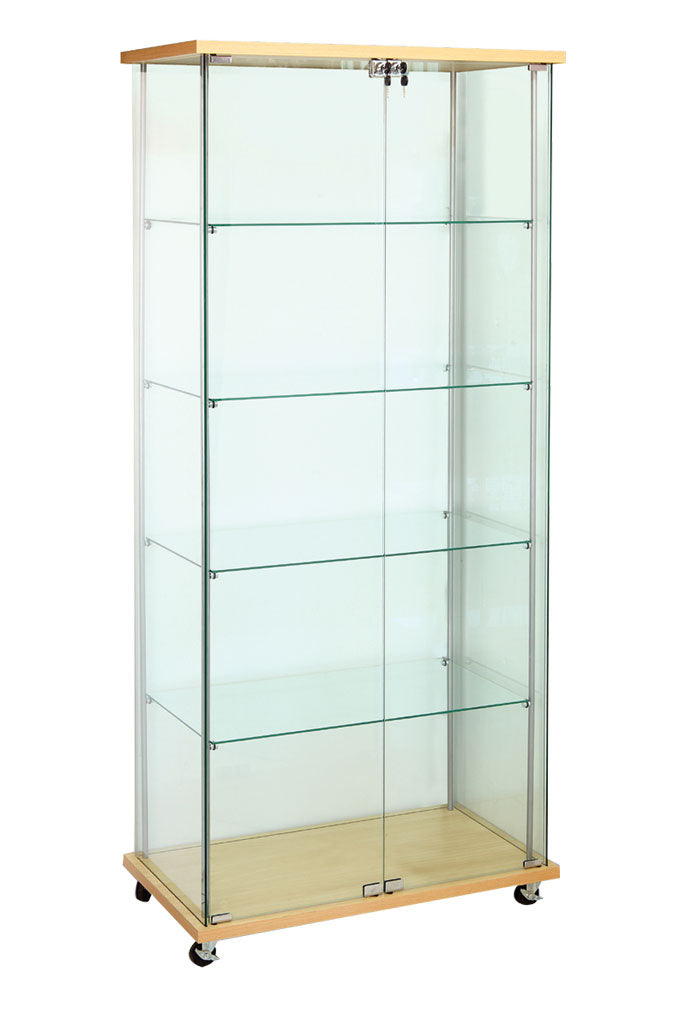 Vitrine en verre sans cadre | Tour à 4 étagères | Accents de stratifié