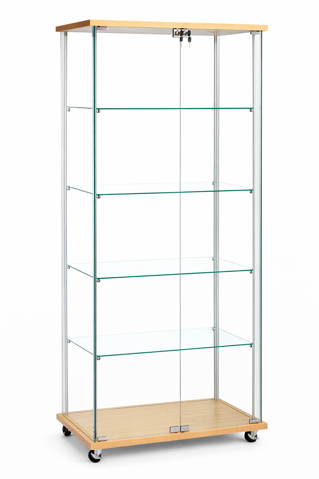 Glass display cabinet with wooden shelves and base on a white background