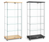 Two glass display cases with wooden and black bases on a white background