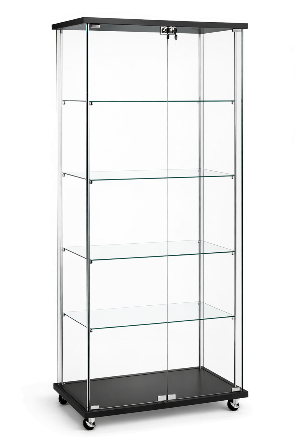 Glass display cabinet with black base and top on a white background