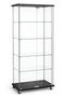 Glass display cabinet with black base and top on a white background