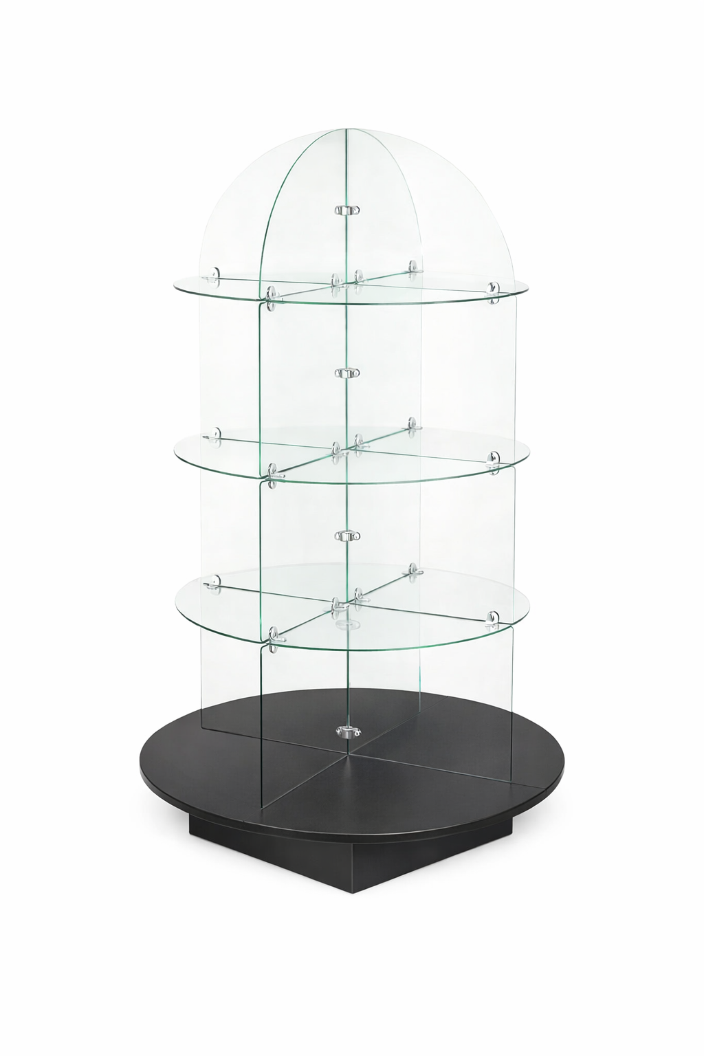 Glass display cabinet with a black base on a white background