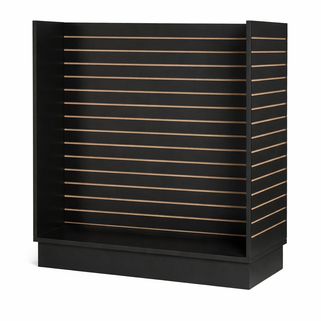 black laminate slatwall display on a white background