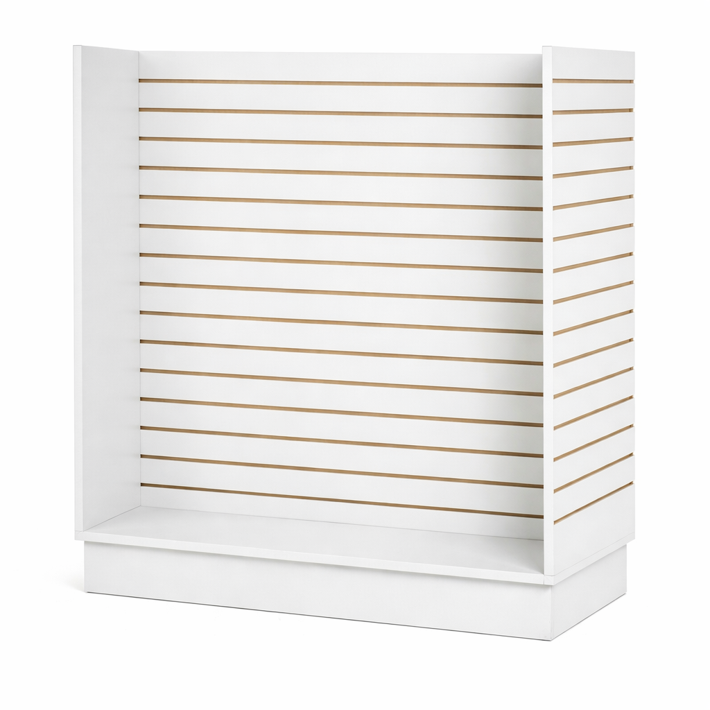 White slatwall display on a white background