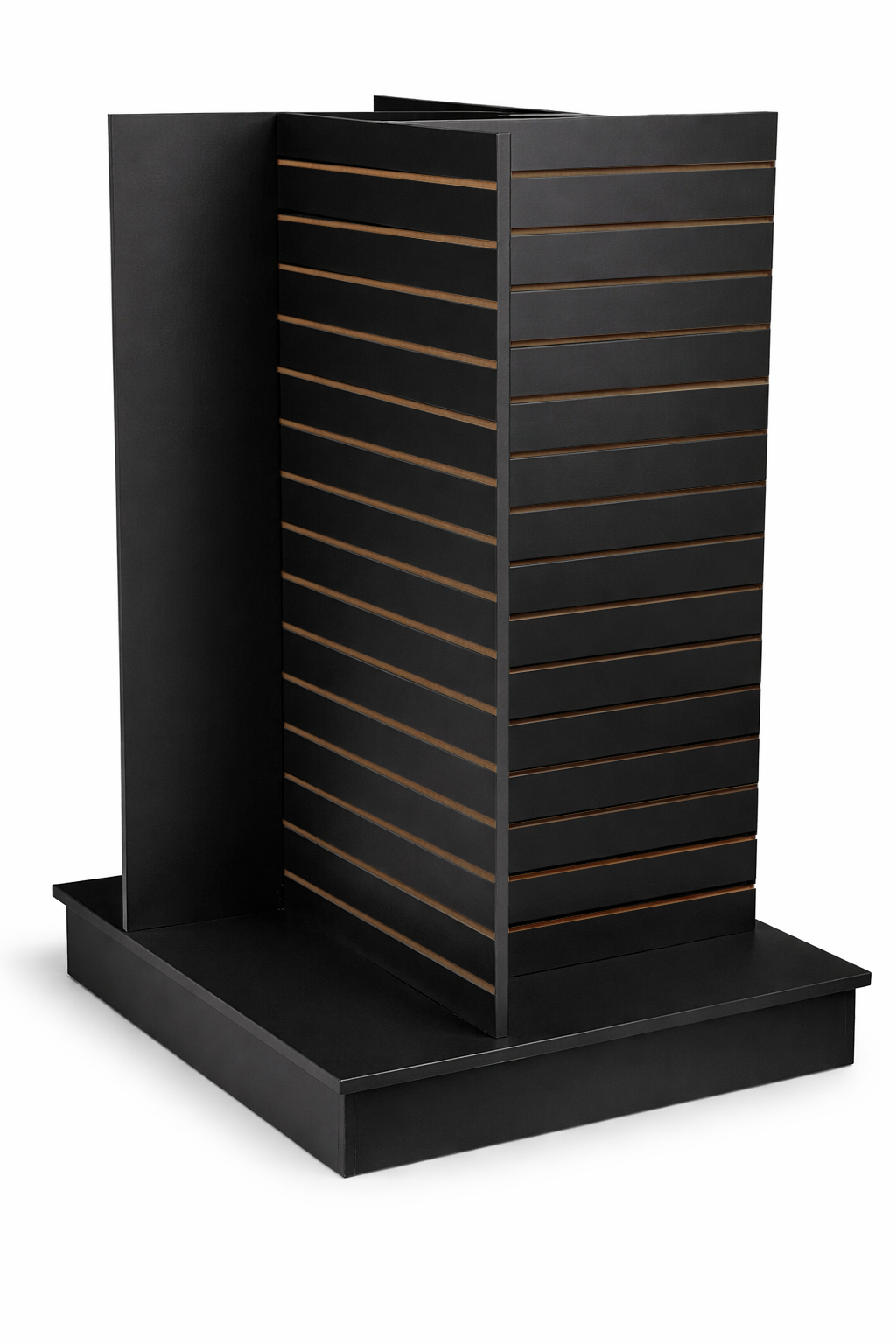 black laminate 4 way slatwall display on a white background