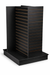 black laminate 4 way slatwall display on a white background