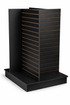 black laminate 4 way slatwall display on a white background
