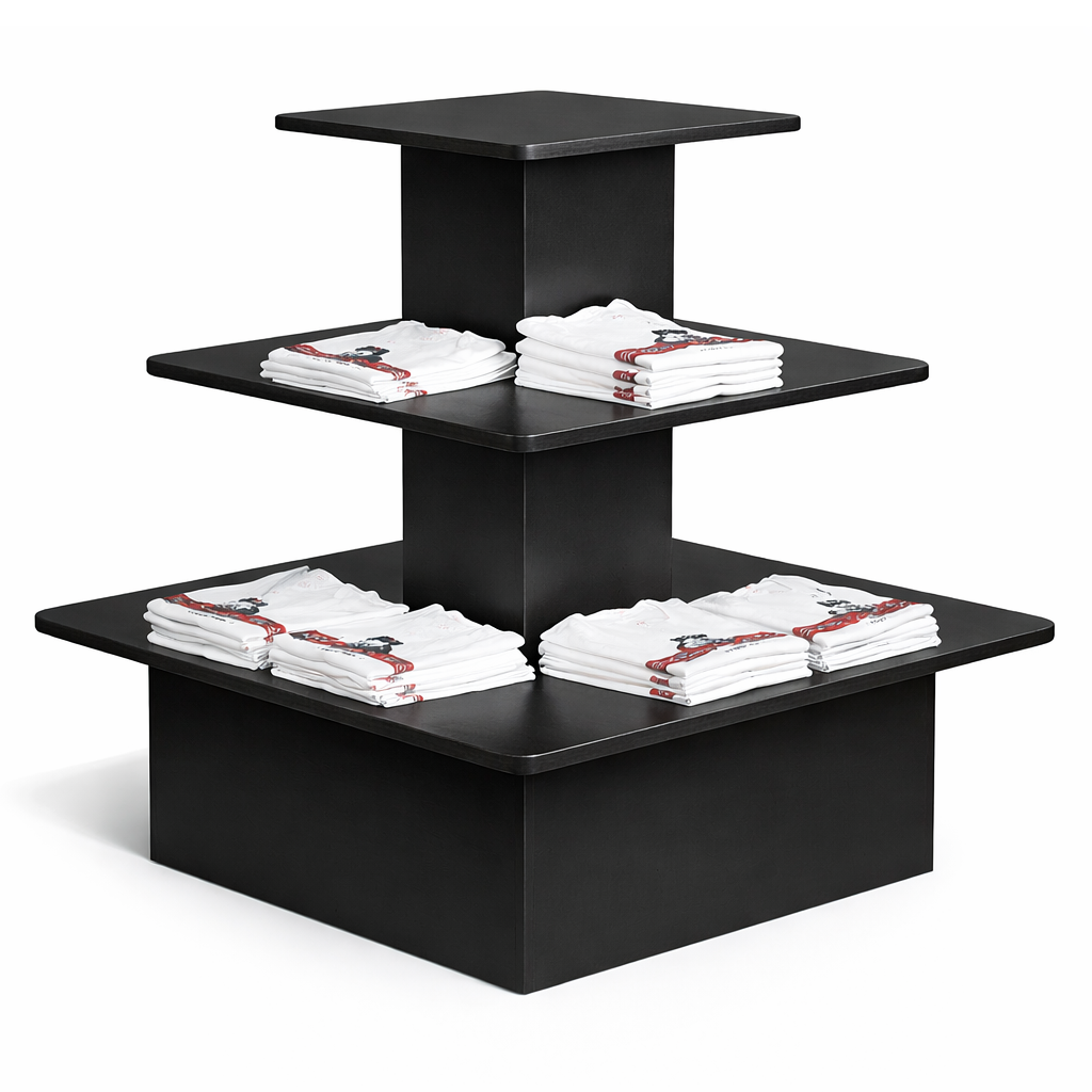Black tiered display stand with folded white towels on a white background