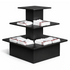 Black tiered display stand with folded white towels on a white background