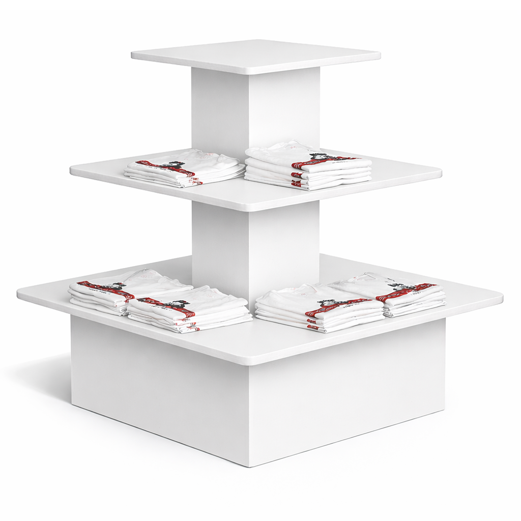 White three-tiered display stand with folded cloths on a white background