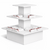 White three-tiered display stand with folded cloths on a white background