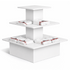 White three-tiered display stand with folded cloths on a white background