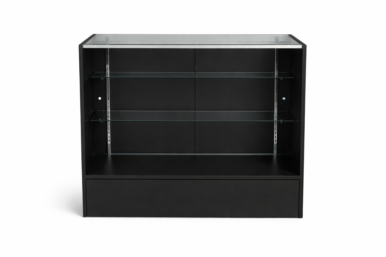 Black display cabinet with glass front on a white background