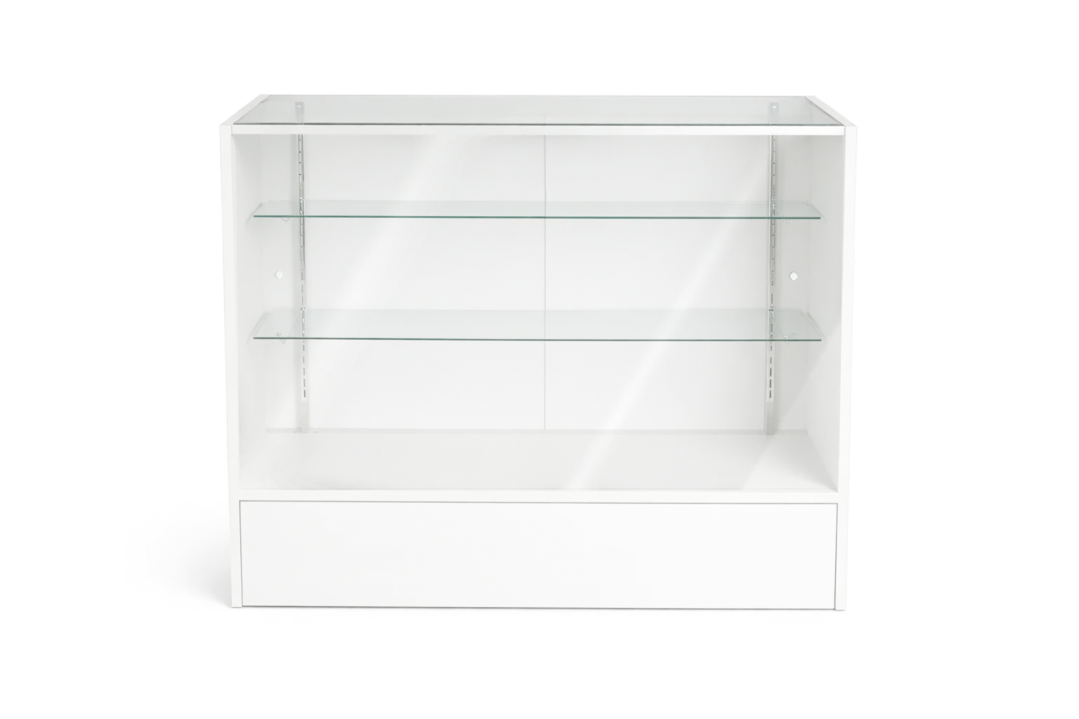 White display cabinet with glass shelves on a white background
