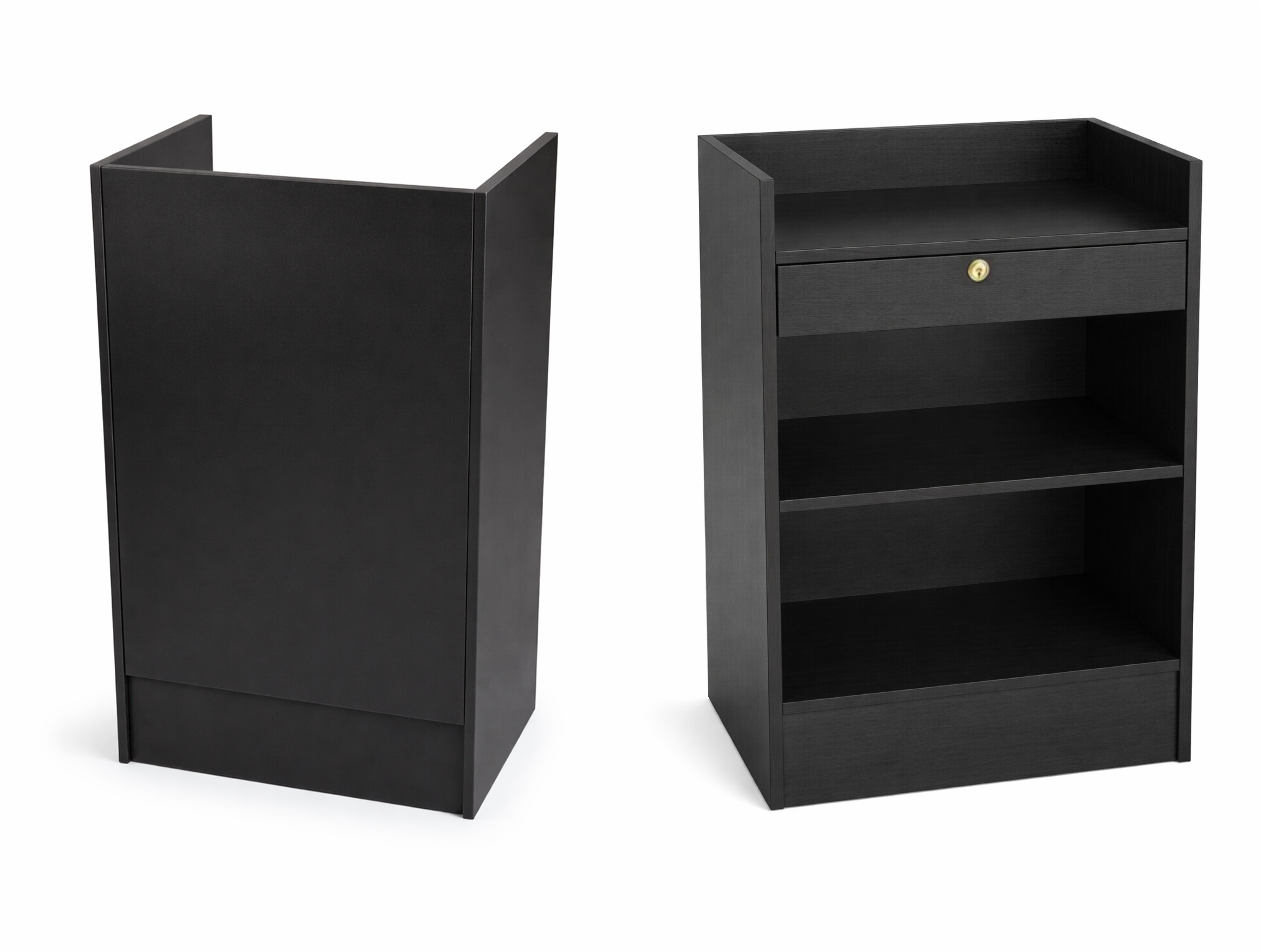 Black cabinet with a drawer and shelves on a white background
