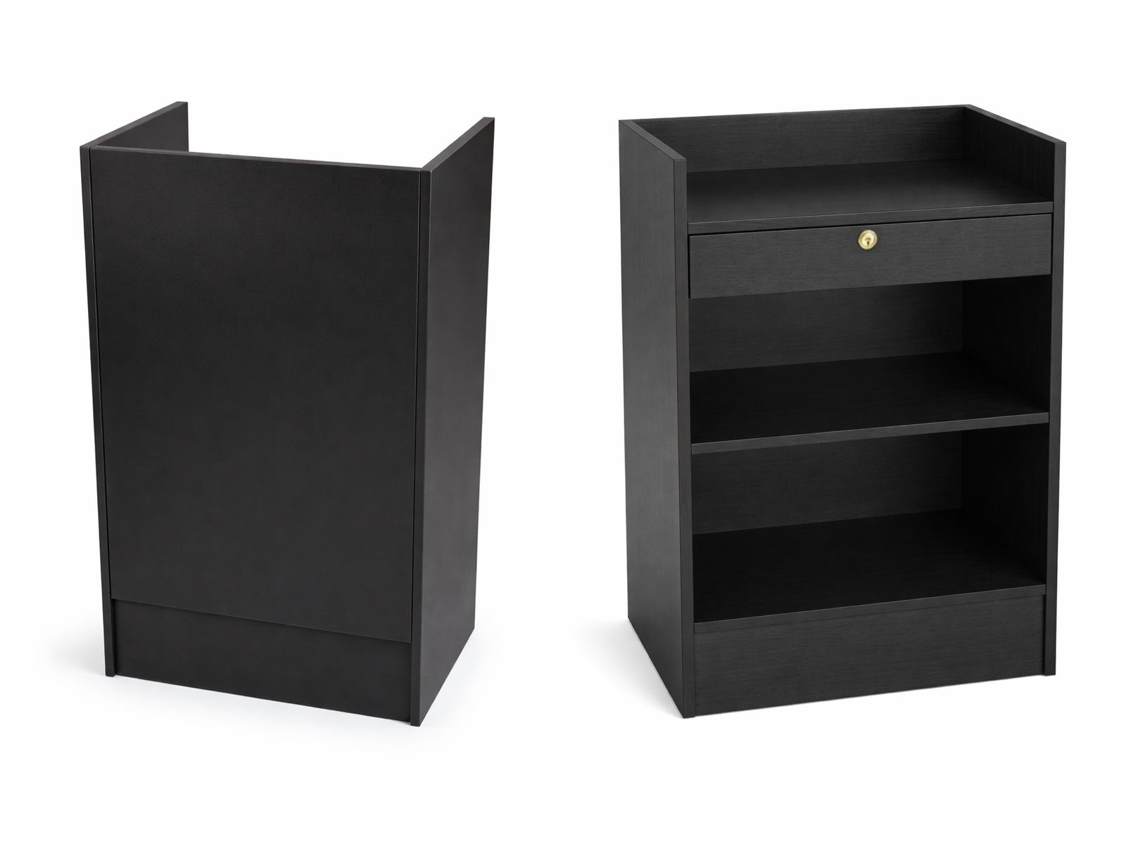 Black cabinet with a drawer and shelves on a white background