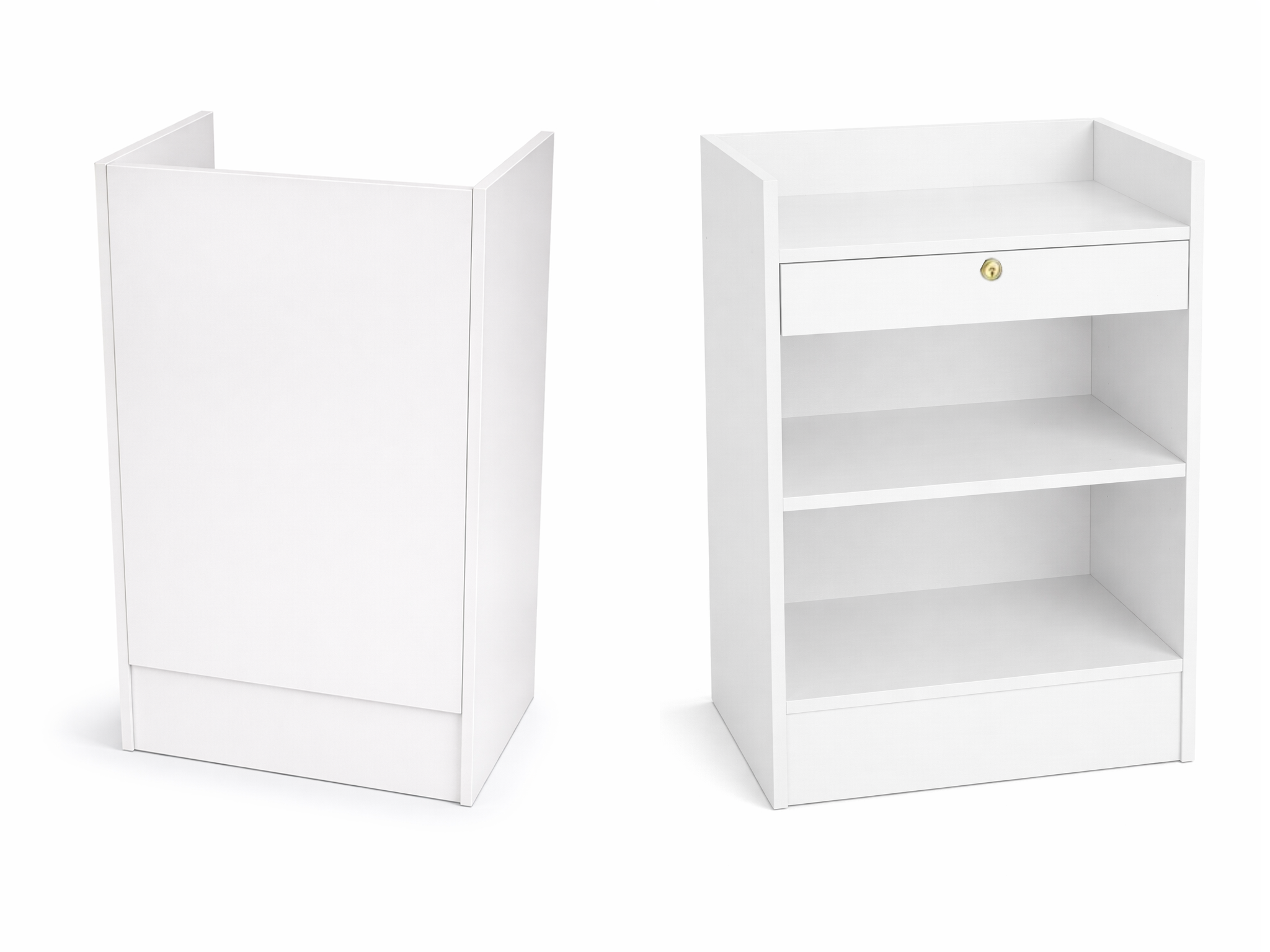 White corner shelf unit with a small drawer on a white background