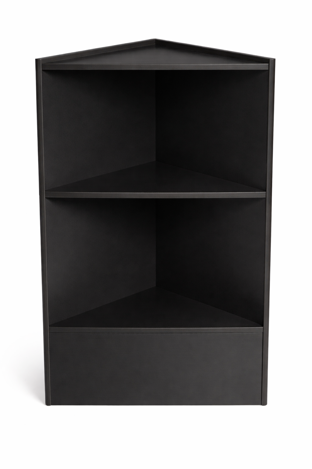 Black corner shelf unit on a white background