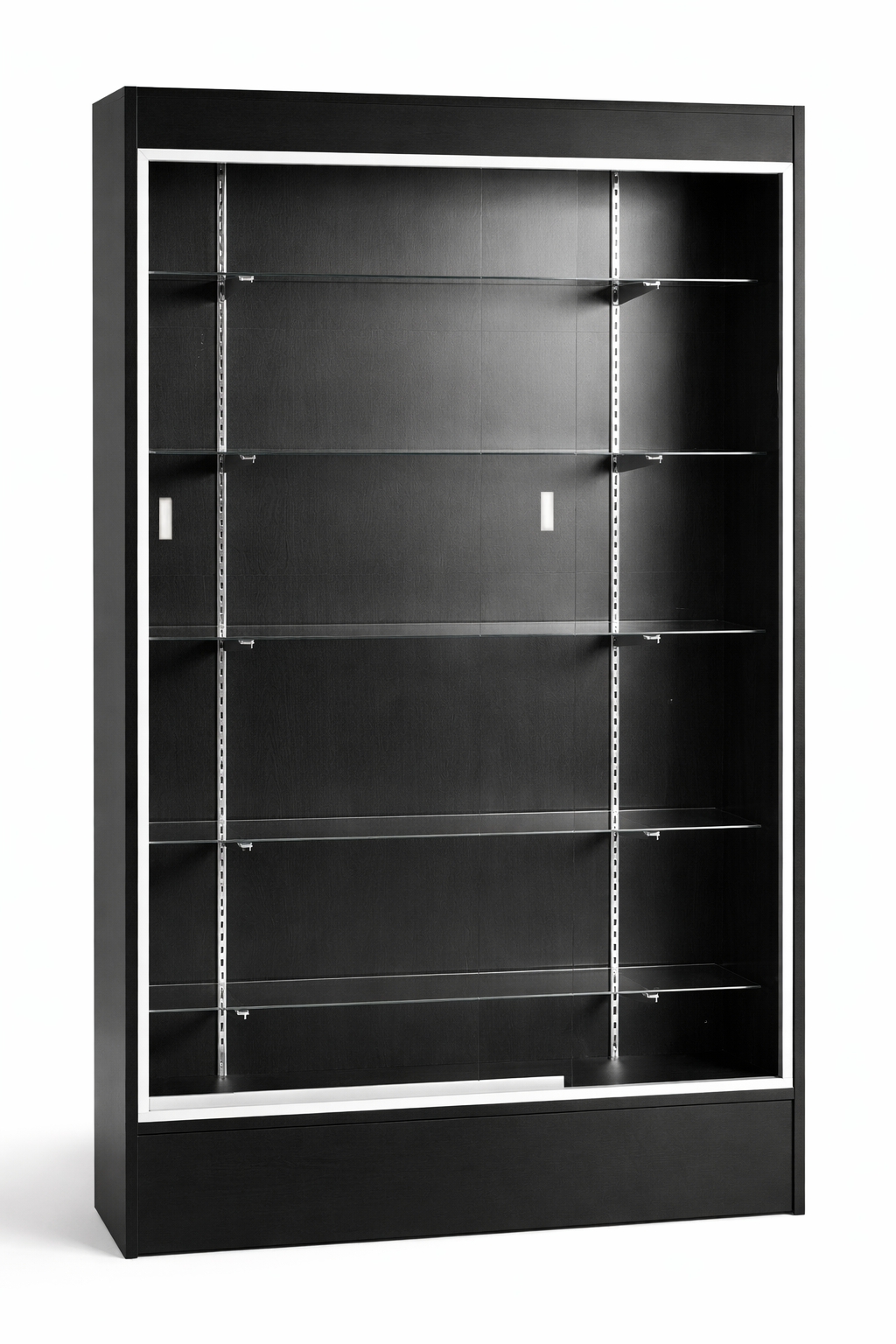 Black display cabinet with glass front on a white background