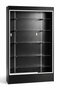 Black display cabinet with glass front on a white background