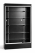 Black display cabinet with glass front on a white background