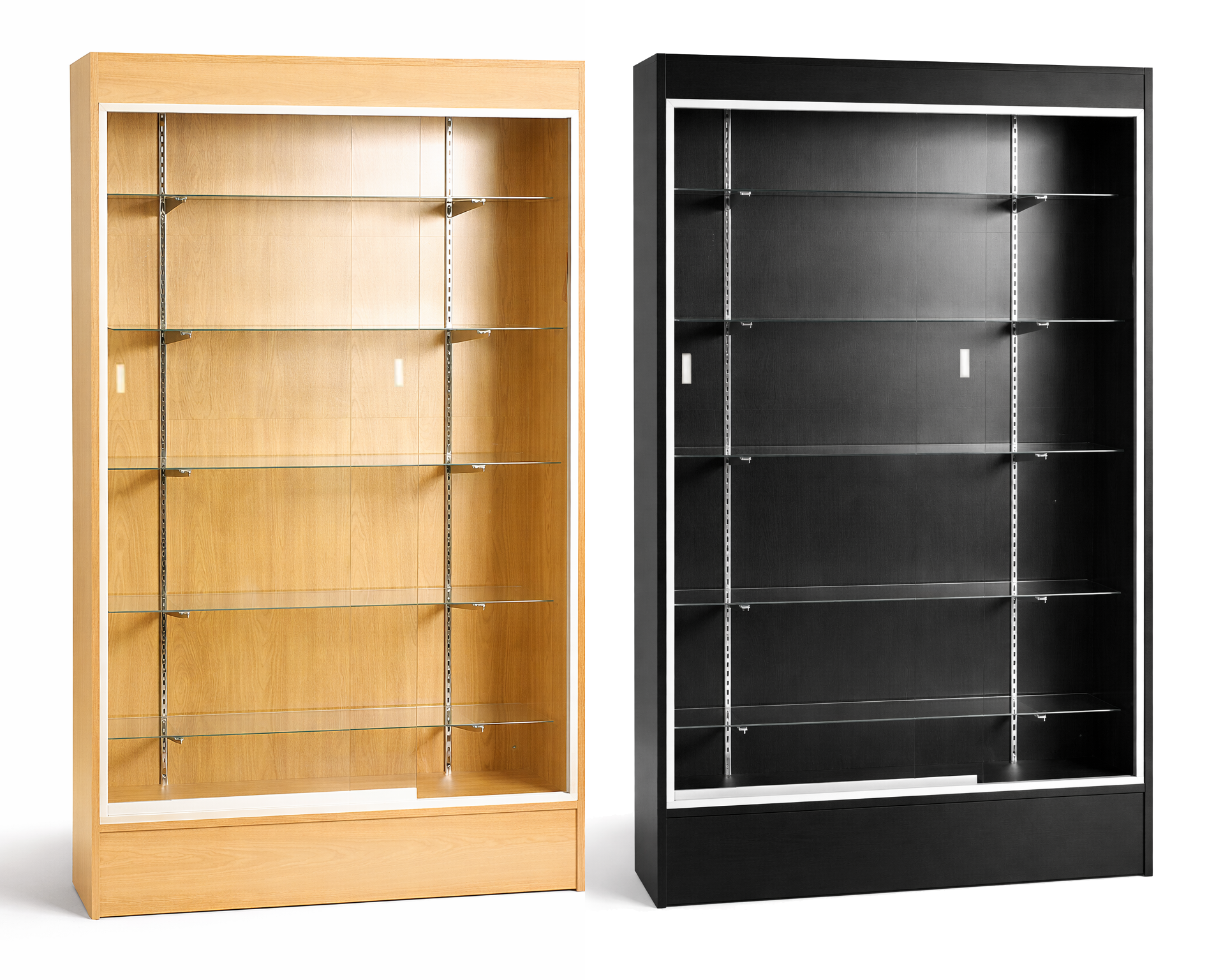 Wooden and black display cabinets with glass panels on a white background