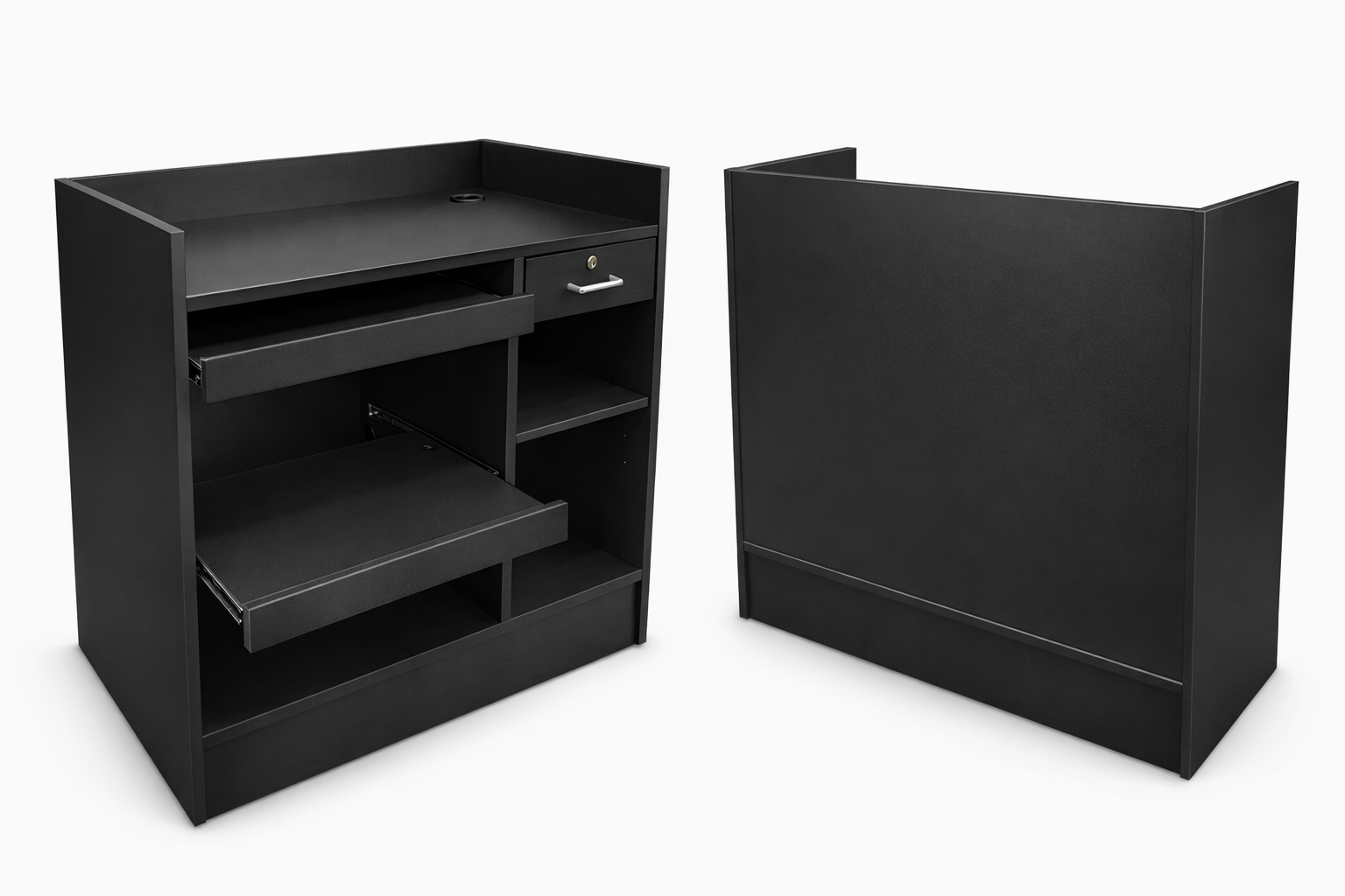 Black office desk with open storage compartment on a white background