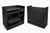 Black office desk with open storage compartment on a white background