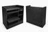 Black office desk with open storage compartment on a white background