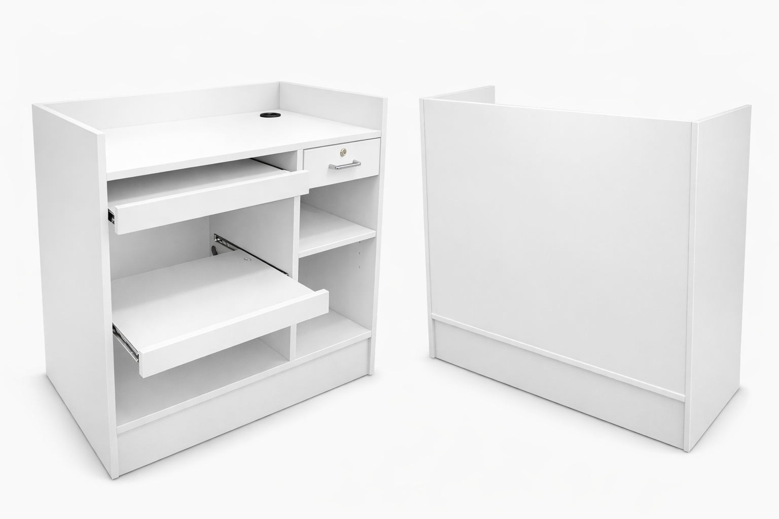 White storage unit with open doors and shelves on a white background
