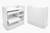 White storage unit with open doors and shelves on a white background