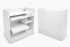 White storage unit with open doors and shelves on a white background