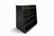 Black bookshelf with slanted design on a white background