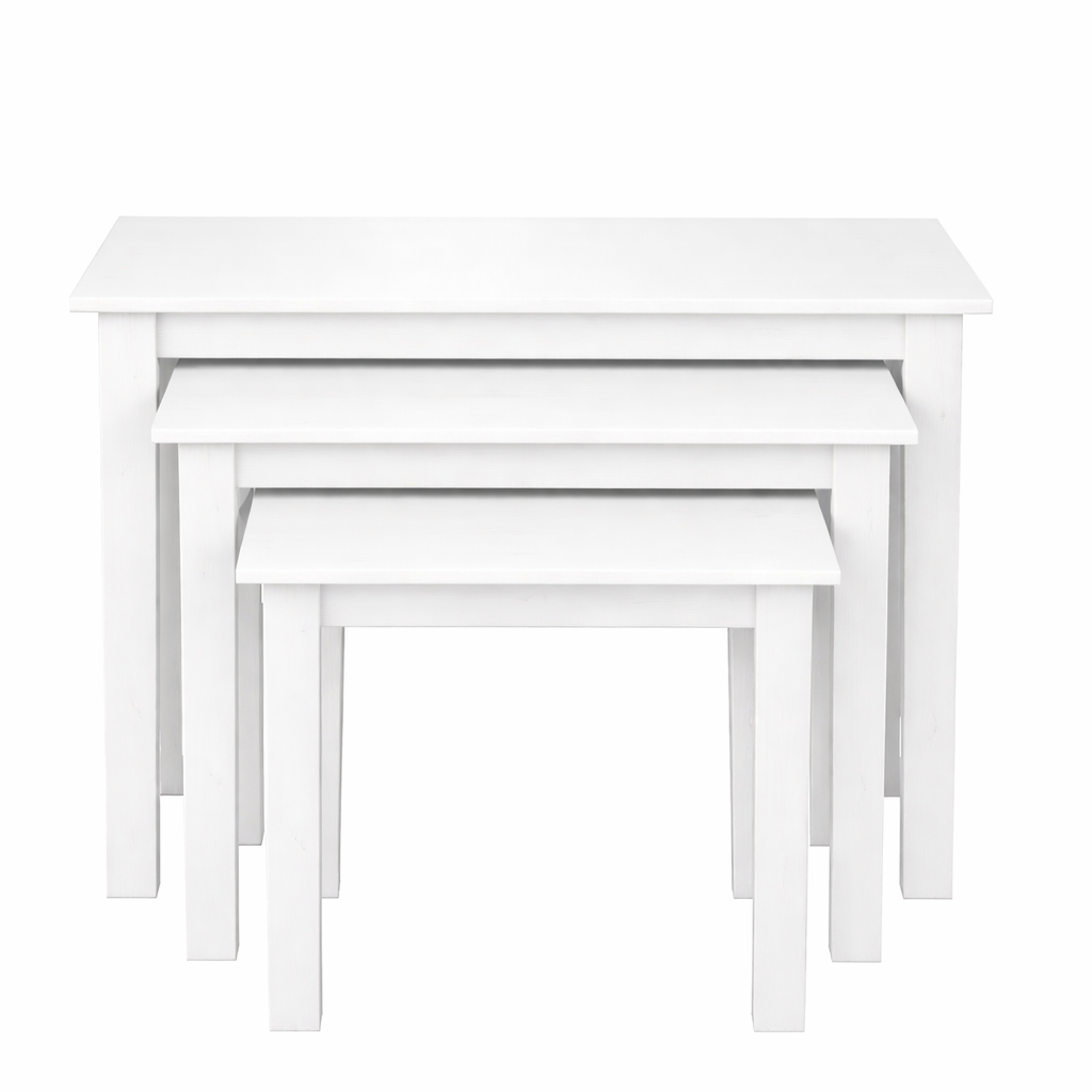 Set of four white nesting tables on a white background