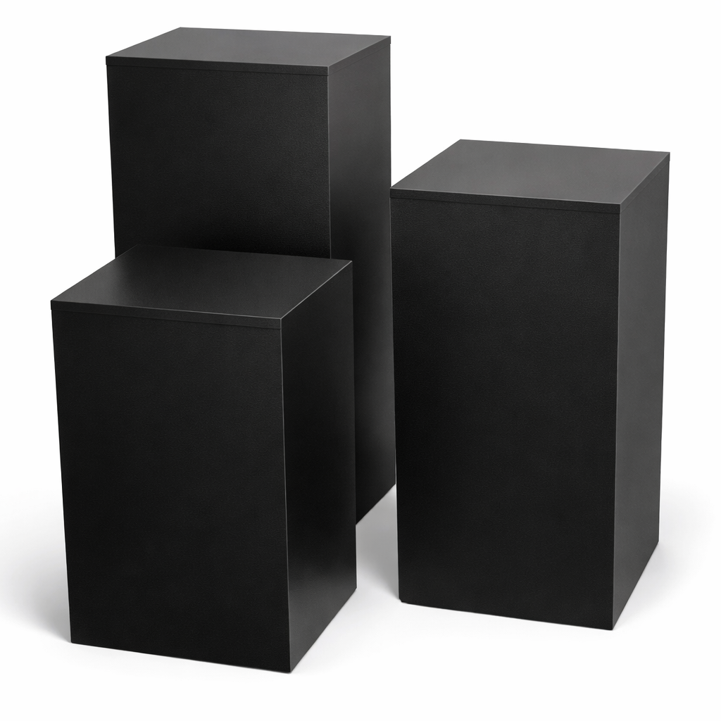 Three black rectangular boxes of varying sizes on a white background