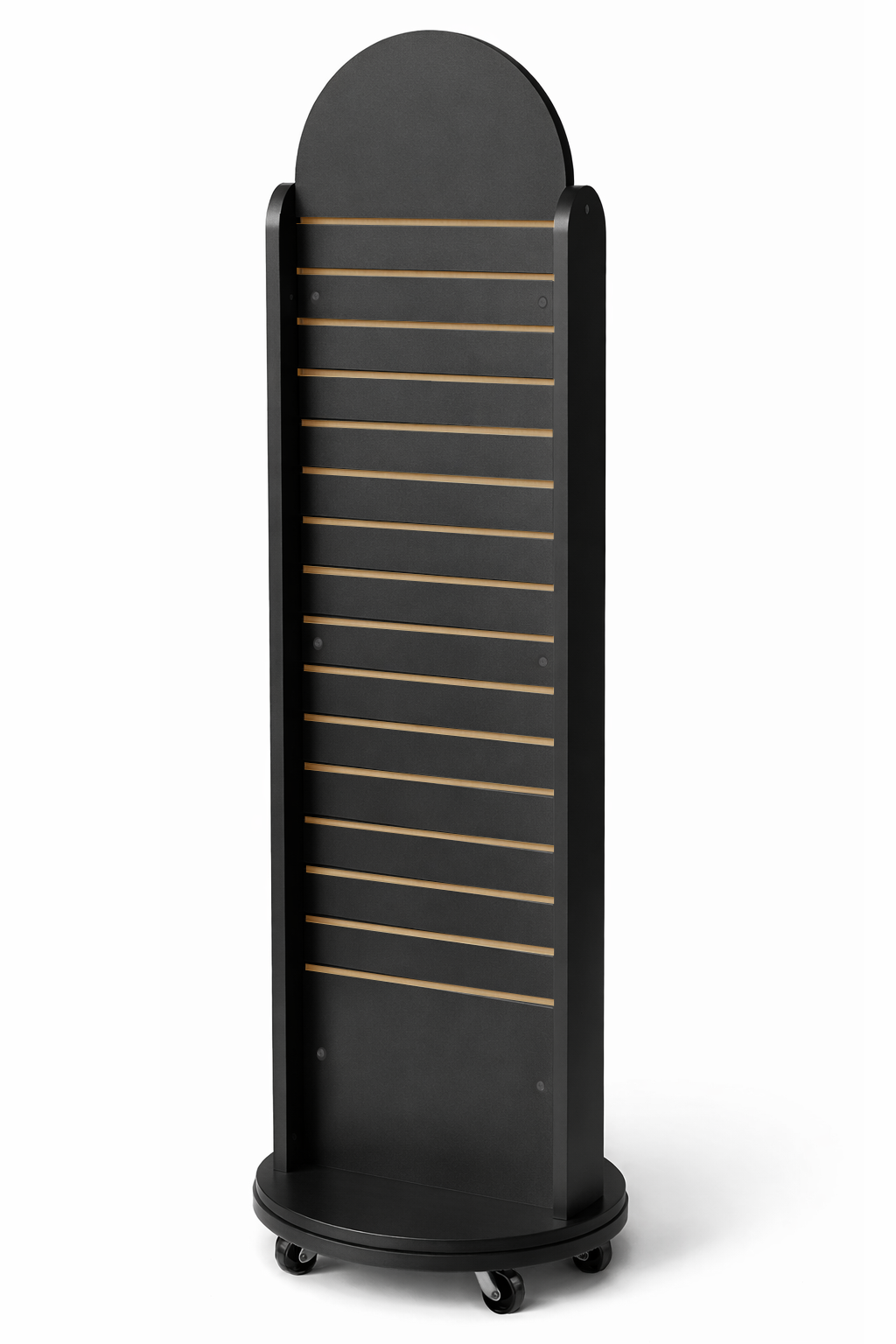black laminate slatwall display spinner on a white background
