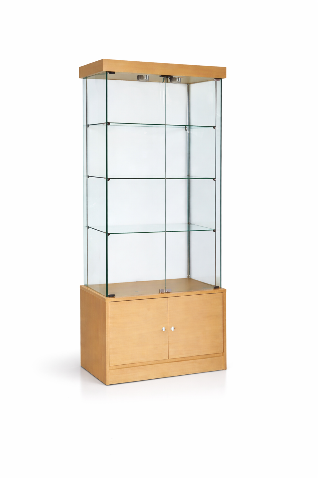 Wooden display cabinet with glass front on a white background