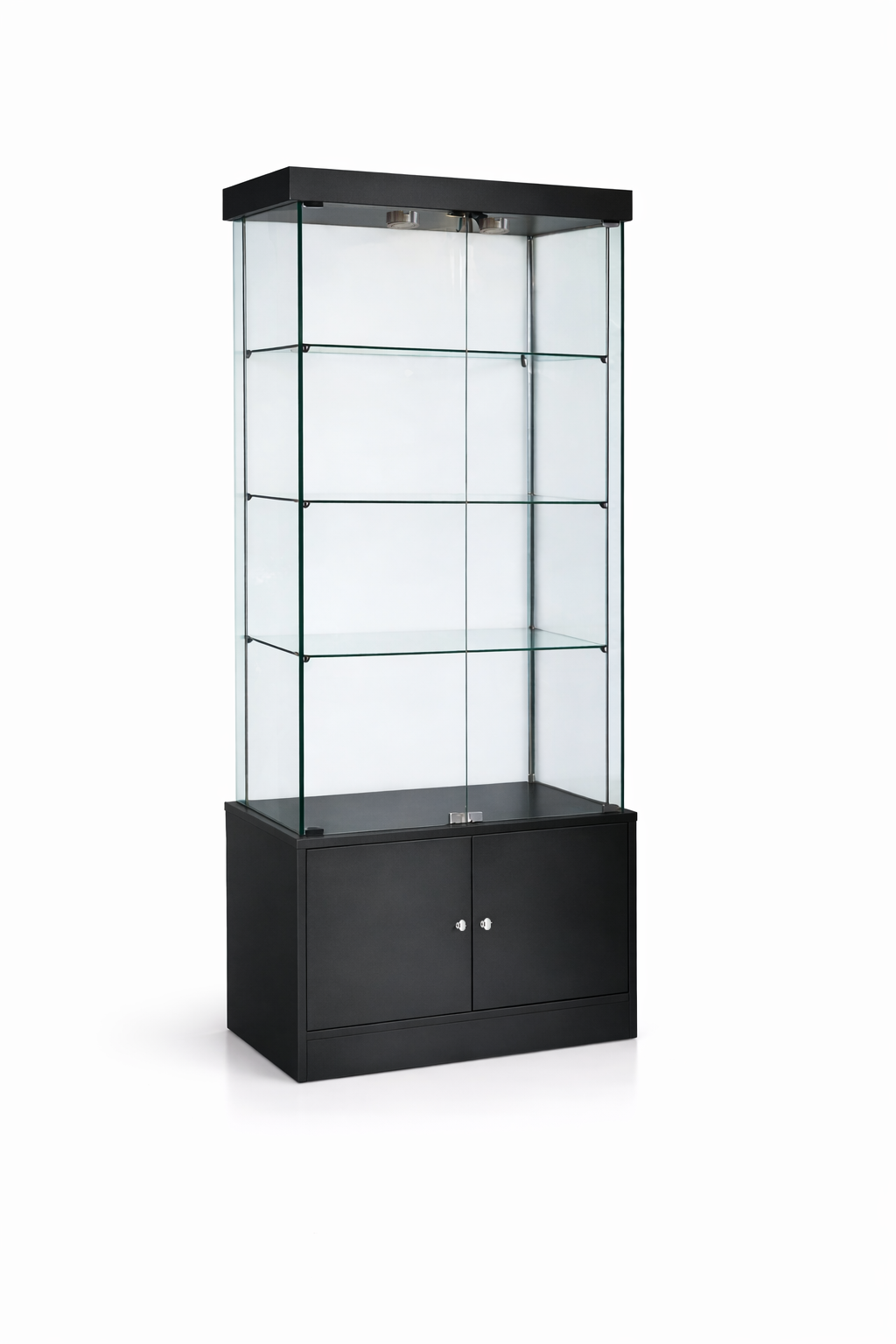 Black display cabinet with glass front on a white background