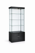 Black display cabinet with glass front on a white background