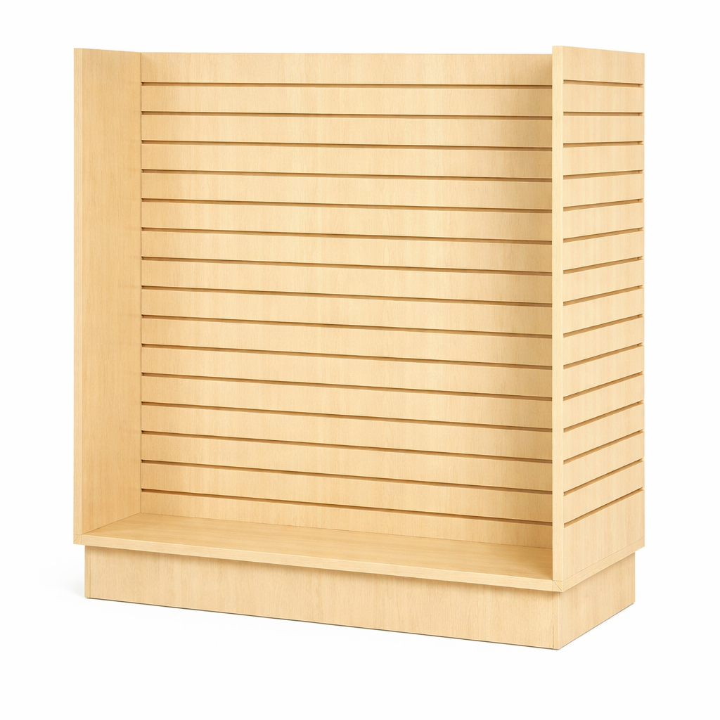 Maple laminate slatwall display on a white background