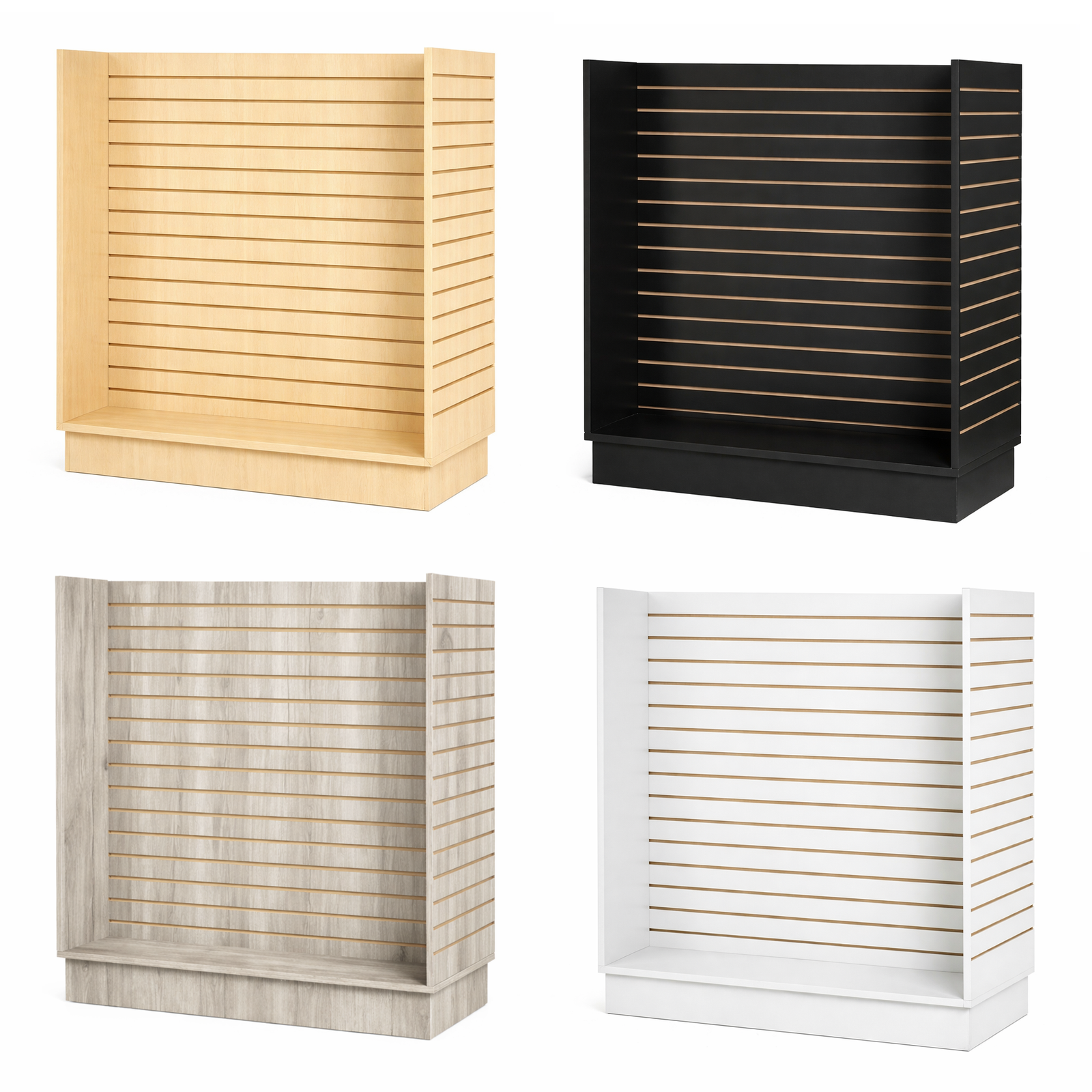 Four slatwall displays with different laminate finishes on a white background