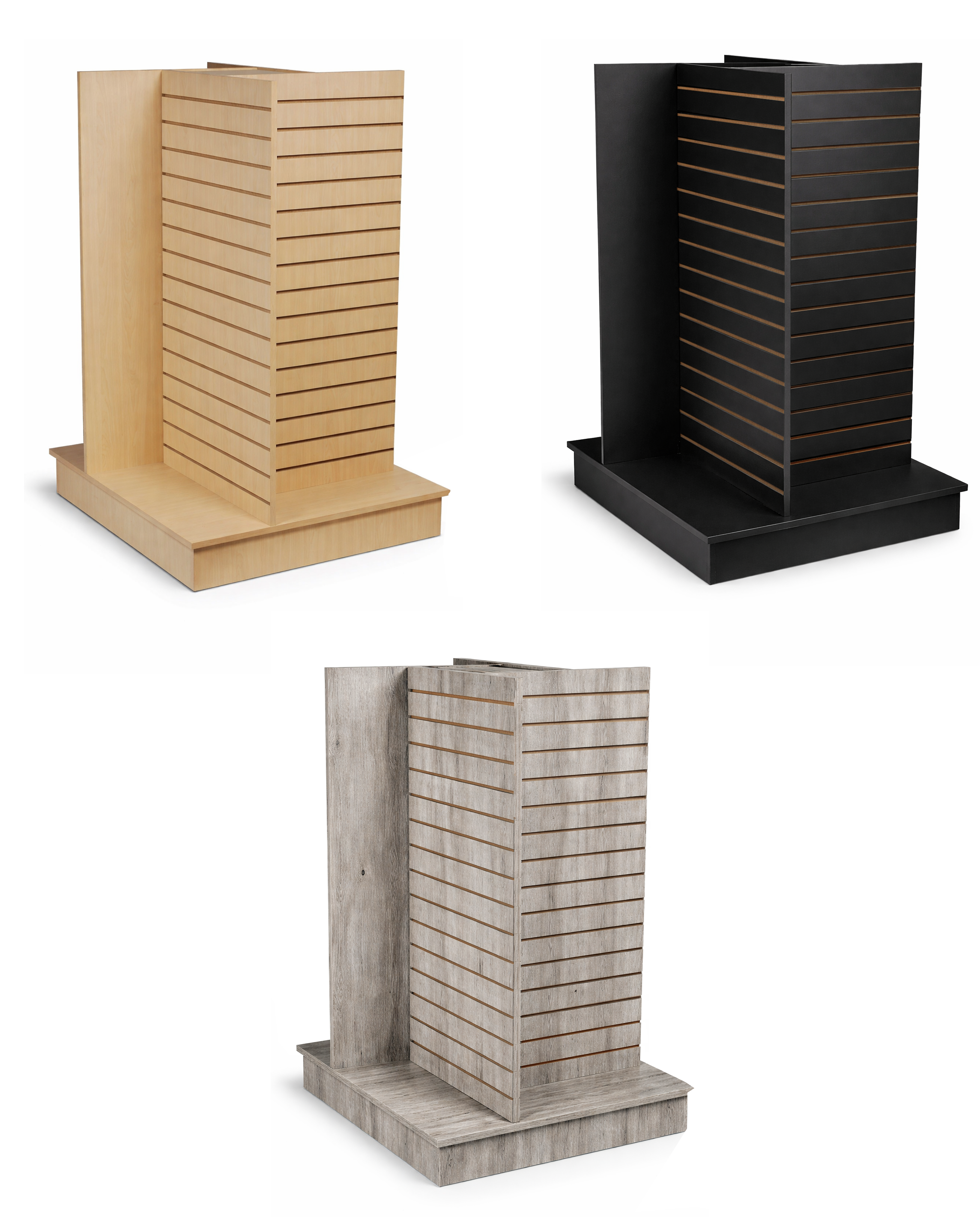 3 laminate 4 way slatwall displays on a white background