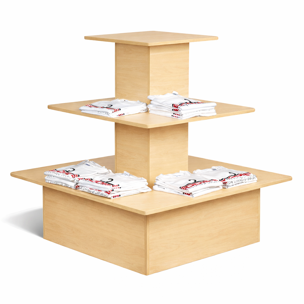 Wooden display stand with folded cloths on a white background