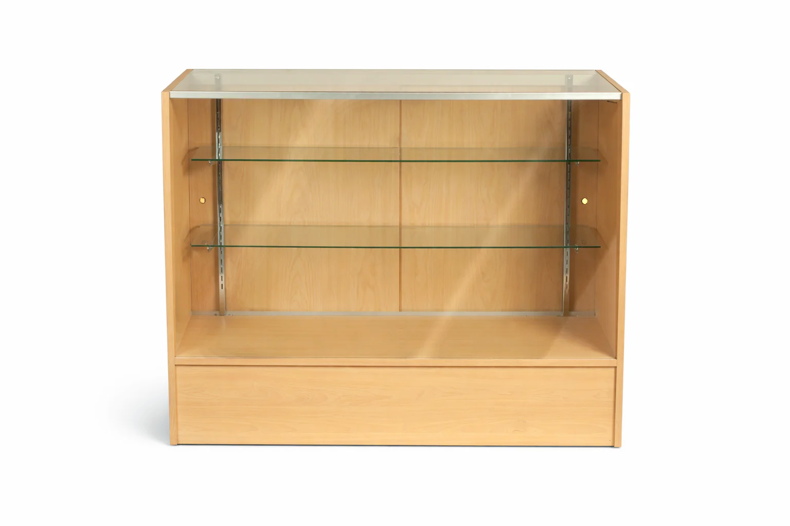 Wooden display cabinet with glass shelves on a white background