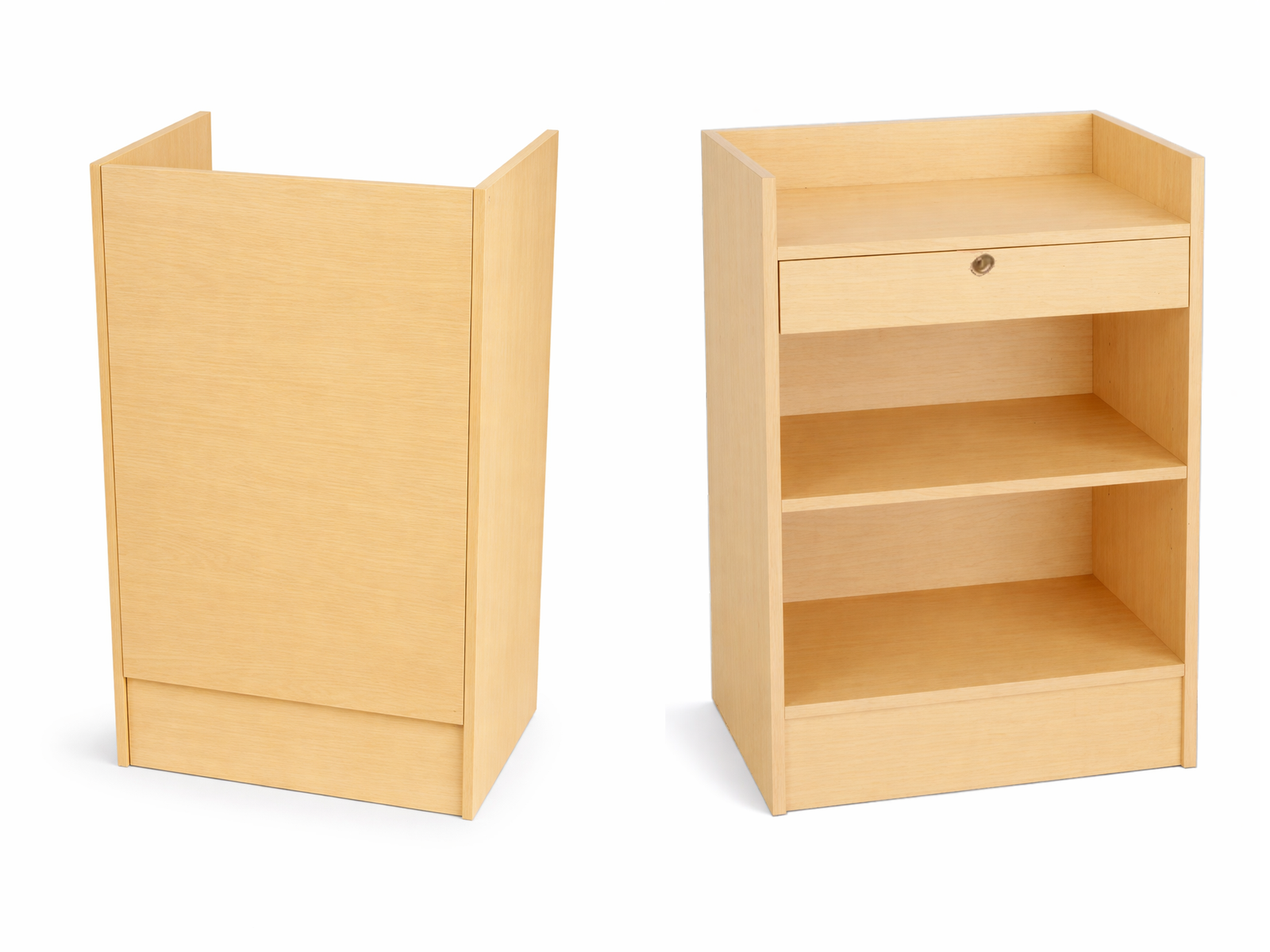 Wooden furniture piece with a drawer and shelves on a white background